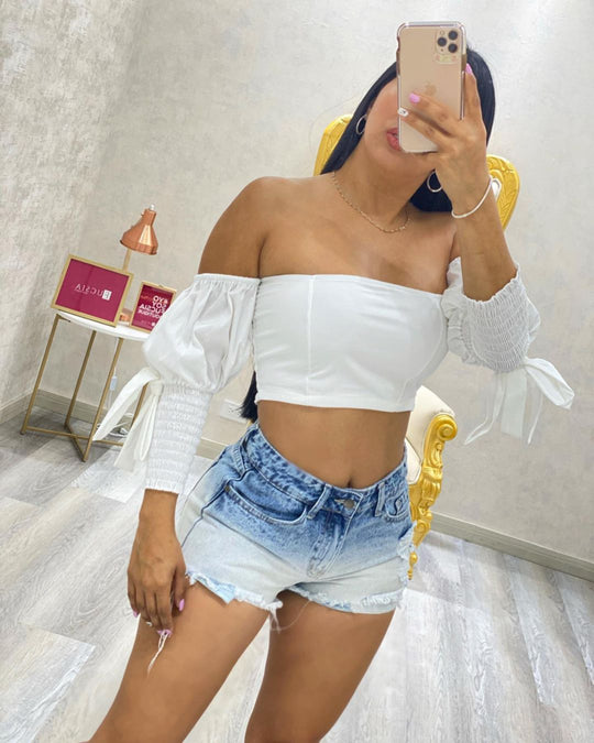 Damen Crop Top mit Puffärmeln und elastischen Bündchen EB