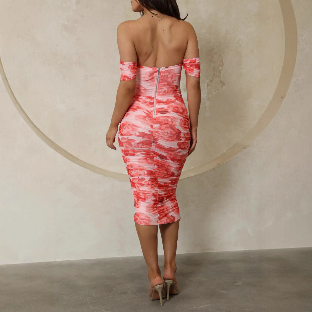 Damen Figurbetontes Midikleid mit schulterfreiem Design und floralem Print EB