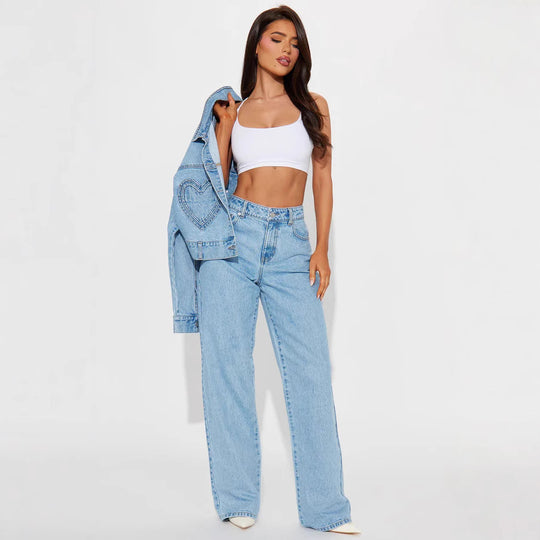 Damen nan hochgeschnittene Weitbein-Jeans mit taillierendem Bund, klassischem Five‑Pocket‑Schnitt und fließendem Bein EB