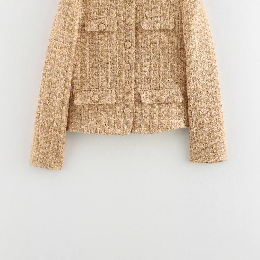 Damen elegante Bouclejacke mit goldenen Knöpfen und aufgesetzten Taschen EB