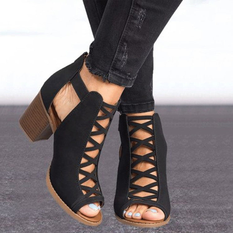 Damen Peep-Toe Stiefeletten im Schnürdesign mit Blockabsatz EB