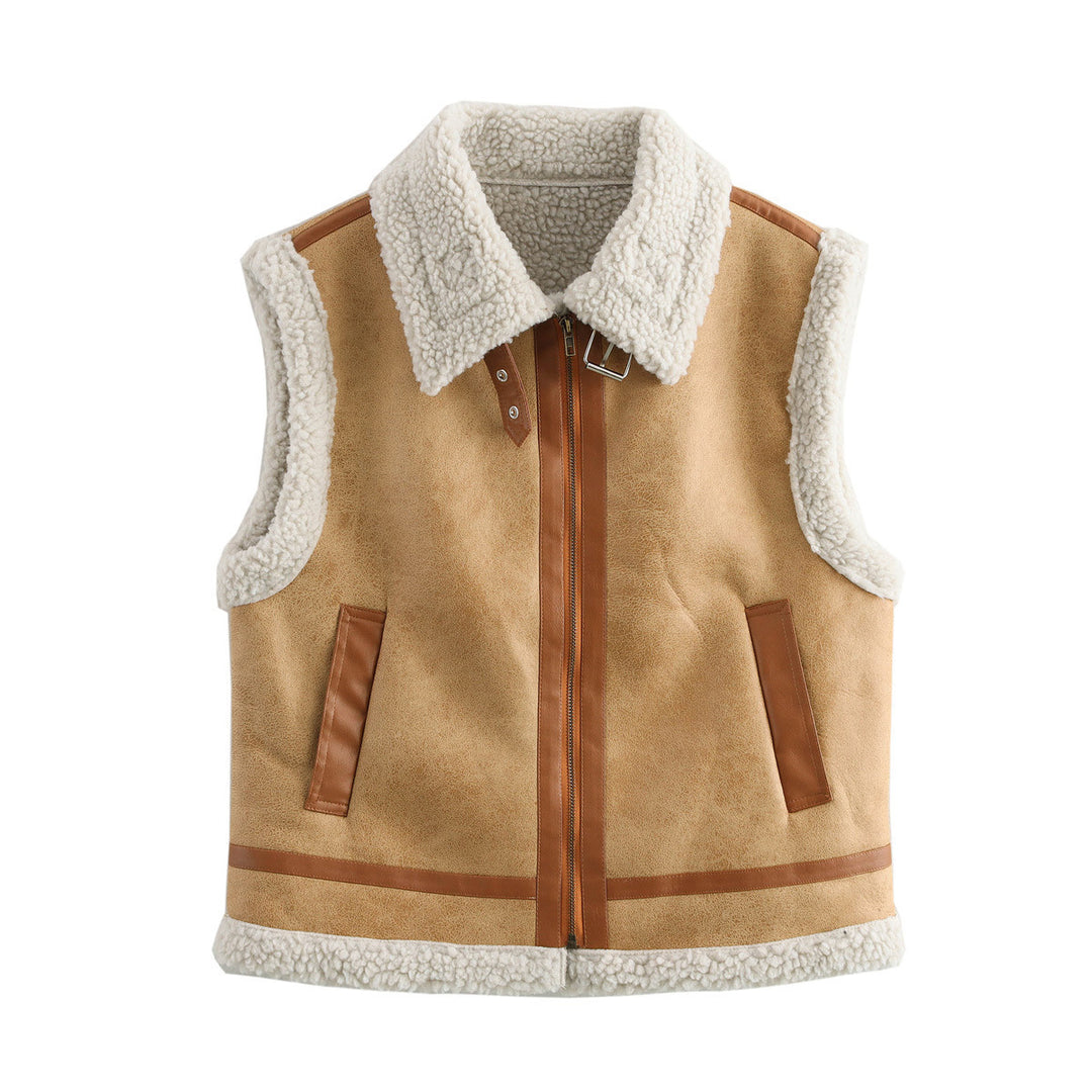Damen Teddyweste mit hohem Kragen und Kunstlederelementen EB