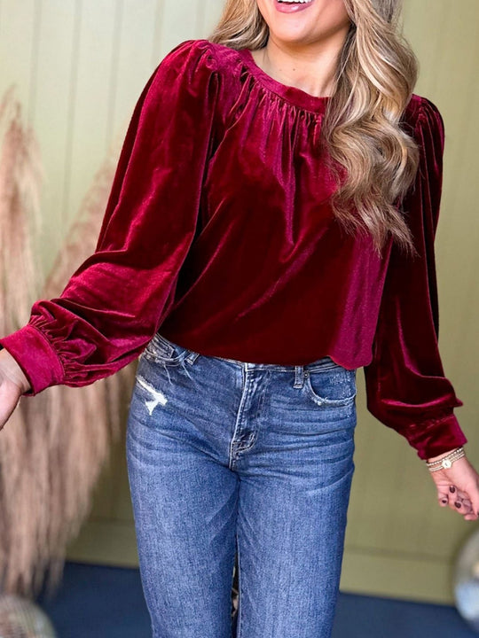 Damen Samtbluse mit Ballonärmeln und gerafftem Stehkragen EB