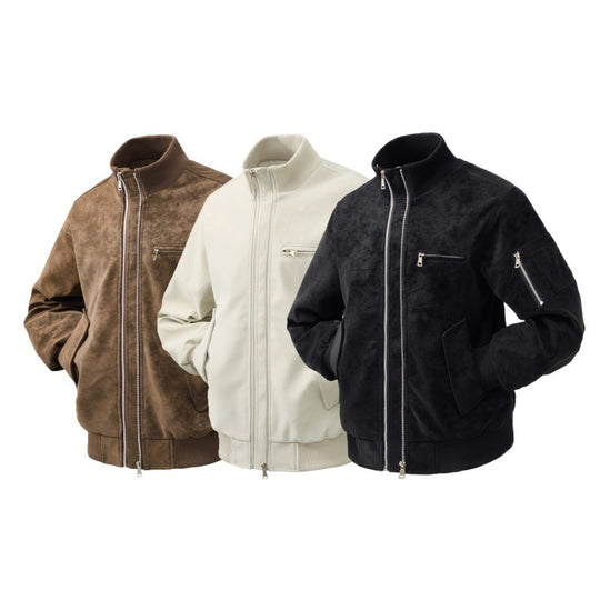 Herren Veloursleder-Optik Bomberjacke mit zweiwege-reißverschluss, Ärmel-Tasche und elastischen Rippenbündchen EB