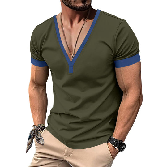 Herren V-Ausschnitt T-Shirt mit kontrastierenden Ärmeln und atmungsaktiver Baumwolle EB