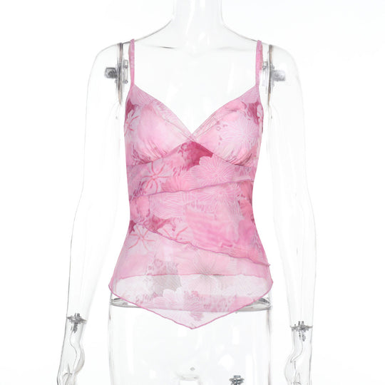 Damen Seidiges Spaghetti-Trägertop mit floralem Design EB