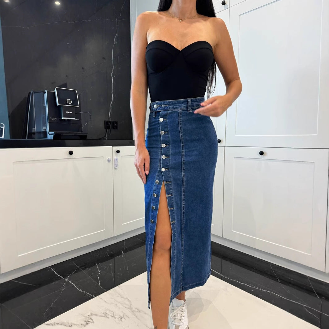 Damen Baumwoll-Denimrock mit Knopfleiste und Schlitz EB