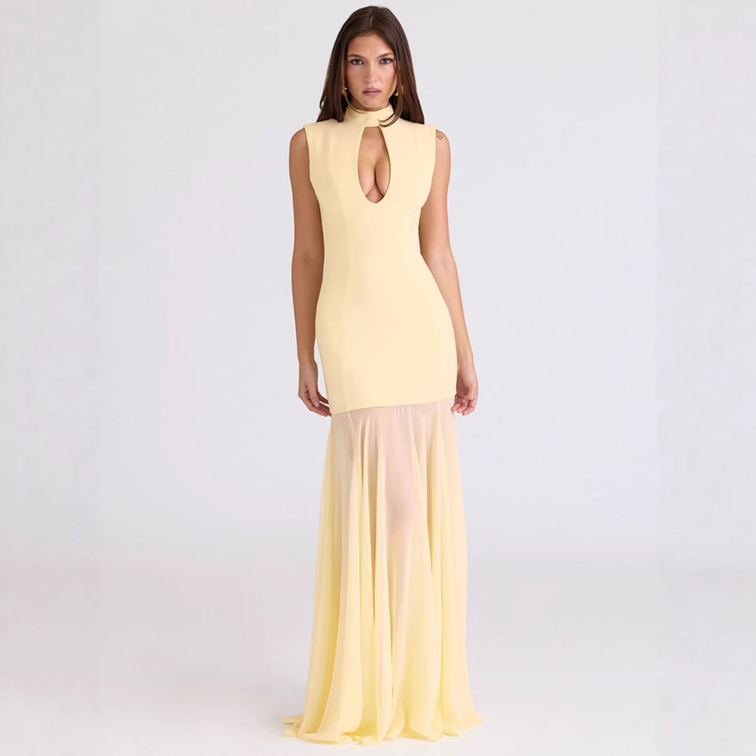 Damen Elegantes Kleid mit hohen Kragen und Schlitz EB