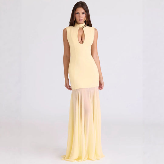 Damen Elegantes Kleid mit hohen Kragen und Schlitz EB
