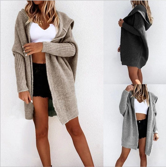 Damen weicher Strickcardigan mit Kapuze und weitem Schnitt EB