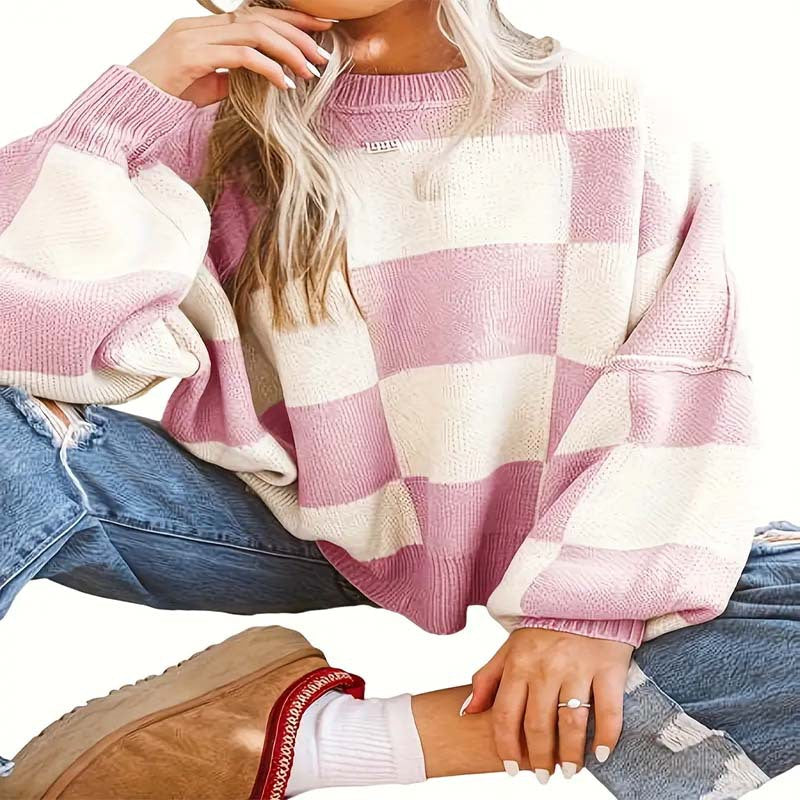 Damen lässiger kariert Pullover mit weiten Ärmeln und Rundhalsausschnitt EB