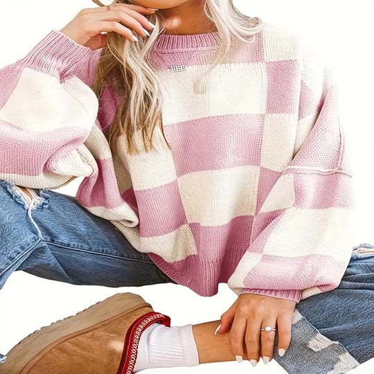 Damen lässiger kariert Pullover mit weiten Ärmeln und Rundhalsausschnitt EB