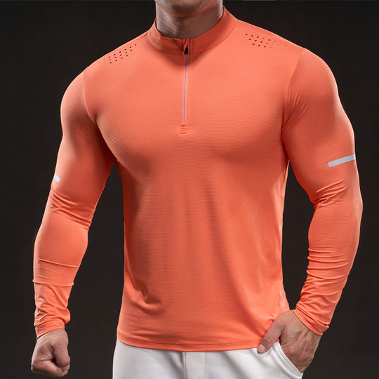 Herren Atmungsaktives Longsleeve Trainingsshirt mit Stehkragen und Kurz-Reißverschluss EB