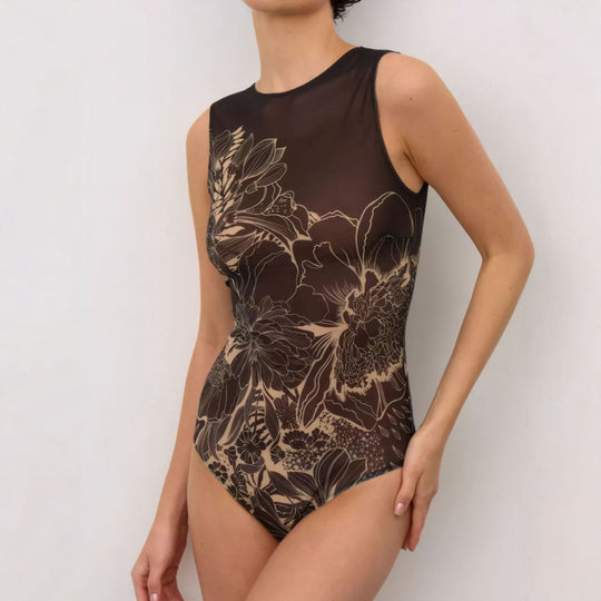 Damen Sportbadeanzug mit modernem Grafikdesign und hohem Neck EB