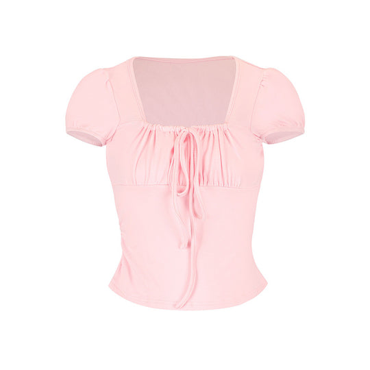 Damen Kurzarm Bluse mit Raffung und Kordelzug EB