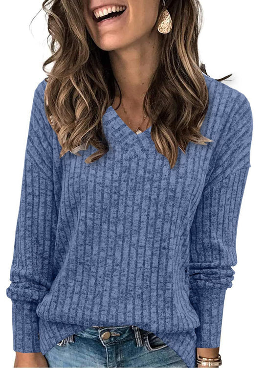 Damen V-Ausschnitt Pullover mit Rippstruktur EB