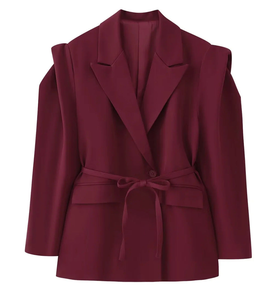 Damen nan taillierter Blazer mit Bindegürtel, Reverskragen und Schulterpolstern EB
