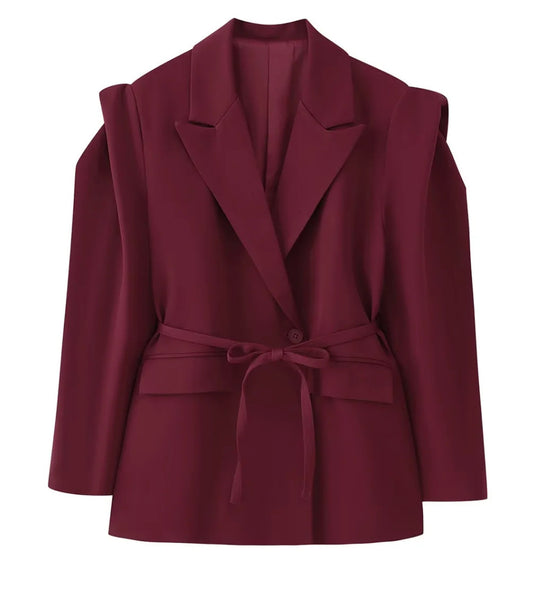 Damen nan taillierter Blazer mit Bindegürtel, Reverskragen und Schulterpolstern EB