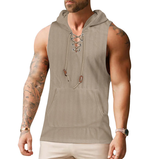 Herren ärmelloses Kapuzenshirt mit modischem Schnürdesign und praktischer Kängurutasche EB