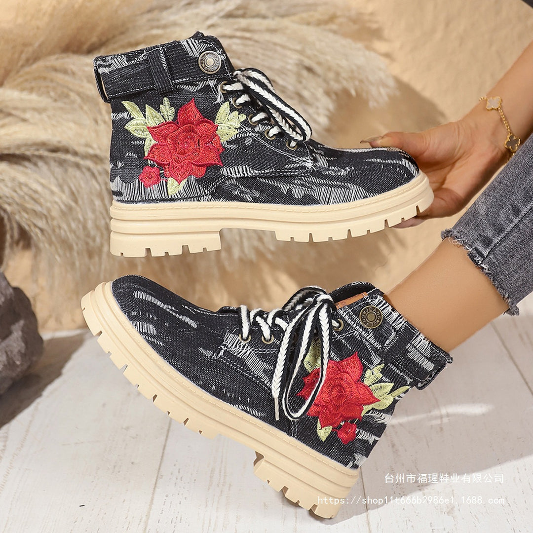 Damen Modische Schnürstiefeletten mit floralem Stickmuster und rutschfester Sohle EB