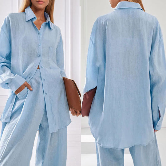 Damen lässiges Leinen-Hemd- und Hosen-Set EB