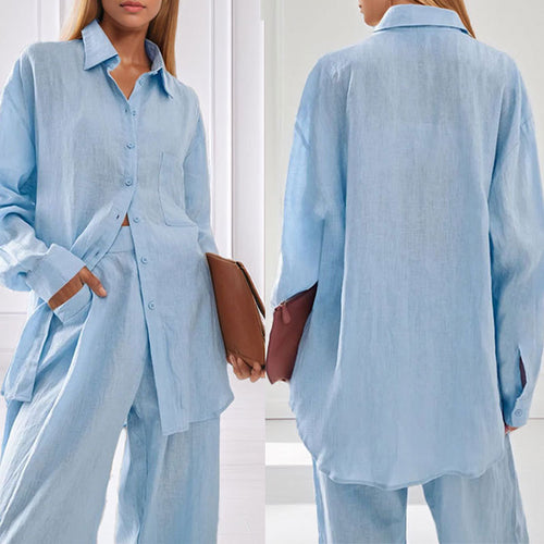 Damen lässiges Leinen-Hemd- und Hosen-Set EB