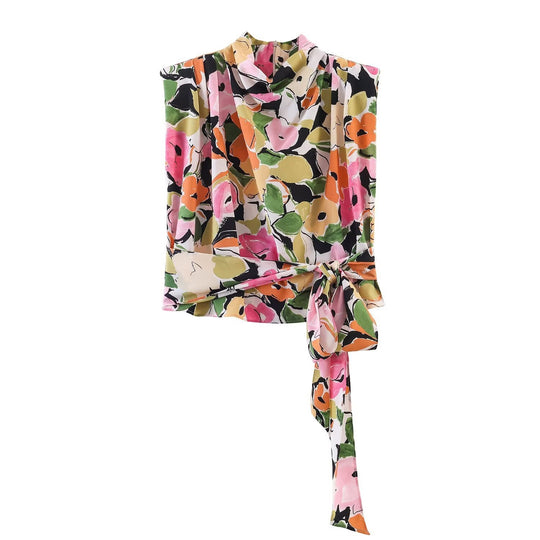 Damenbluse mit floralem Muster und eleganter Knüpfung EB