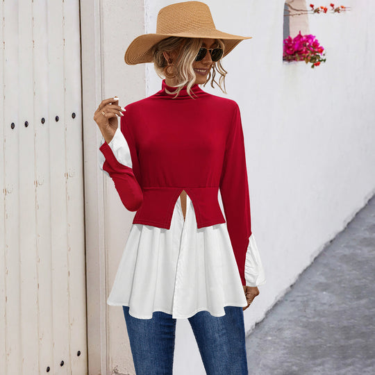 Damen Modisches Hemdblusenshirt mit hohem Kragen und asymmetrischem Schnitt EB