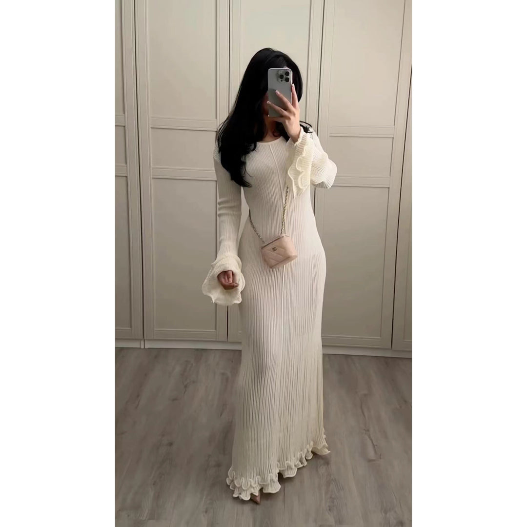 Damen Elegantes Strickkleid mit Rüschendetails und langen Ärmeln EB