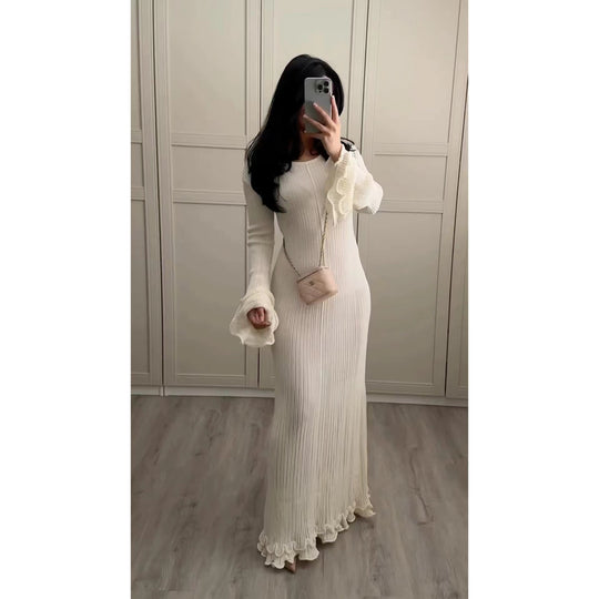 Damen Elegantes Strickkleid mit Rüschendetails und langen Ärmeln EB