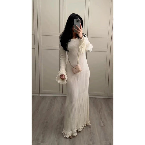 Damen Elegantes Strickkleid mit Rüschendetails und langen Ärmeln EB