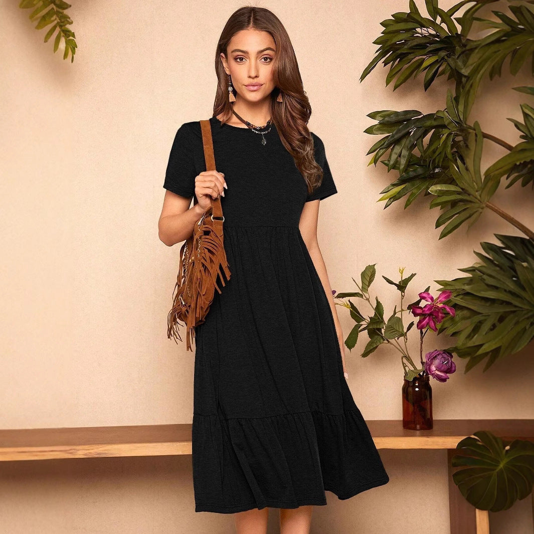 Damen lässiges Midikleid mit Taschen und voluminösen Rüschendetails EB