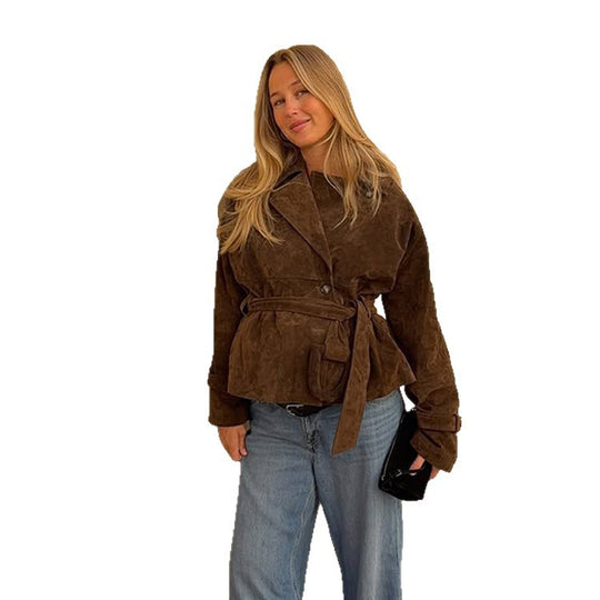 Damen modische Wildlederjacke mit Taillengürtel und voluminösen Ärmeln EB