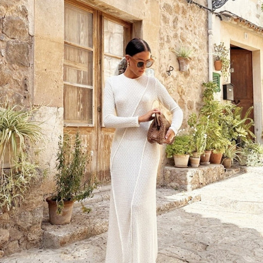 Damen Strickmaxikleid mit strukturiertem Design und langem Ärmel EB