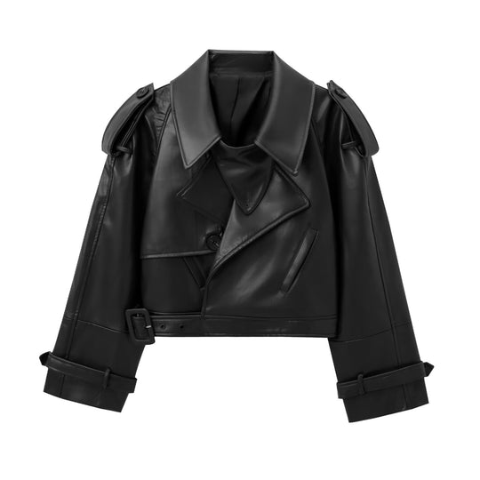 Damen Modische Kunstlederjacke mit tailliertem Schnitt und oversized Kragen EB