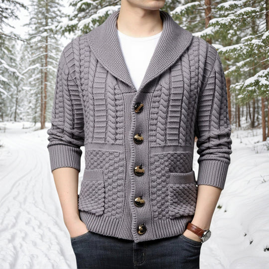 Herren modische Strickjacke mit tiefem V-Ausschnitt und stylishem Zopfdesign EB