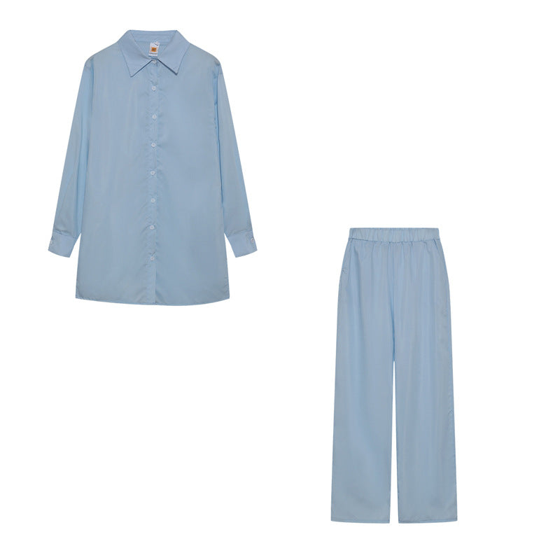 Damen Satin Pyjama Set mit langärmliger Bluse und weiten Hosen EB