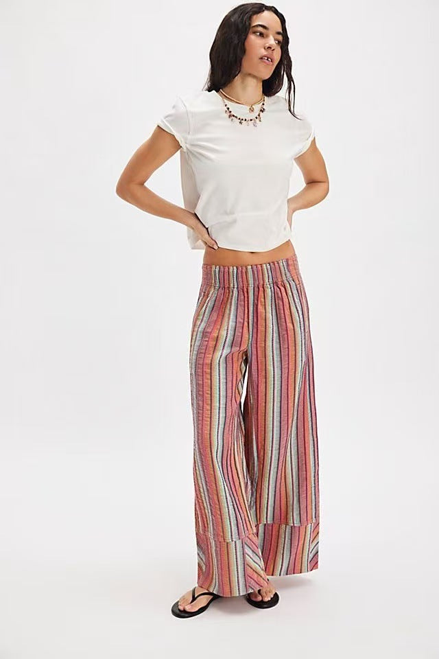 Damen weite gestreifte Sommerhose mit elastischem Bund und Taschen EB