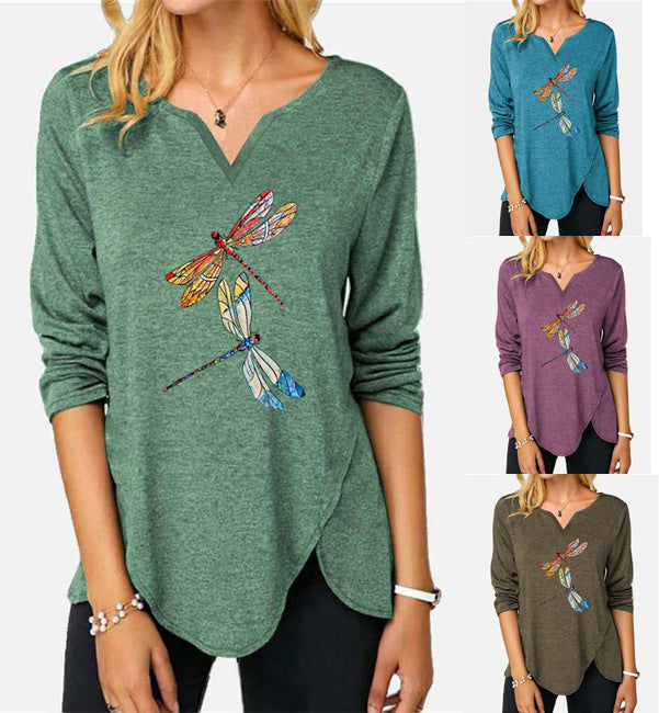 Damen V-Ausschnitt Langarmshirt mit Drachenfliegen-Print EB