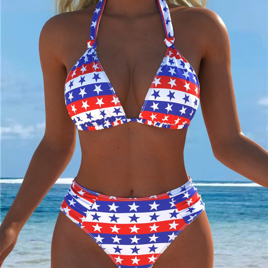 Damen Triangel-Bikini mit hohem Bund und patriotischem Sternen-Muster EB