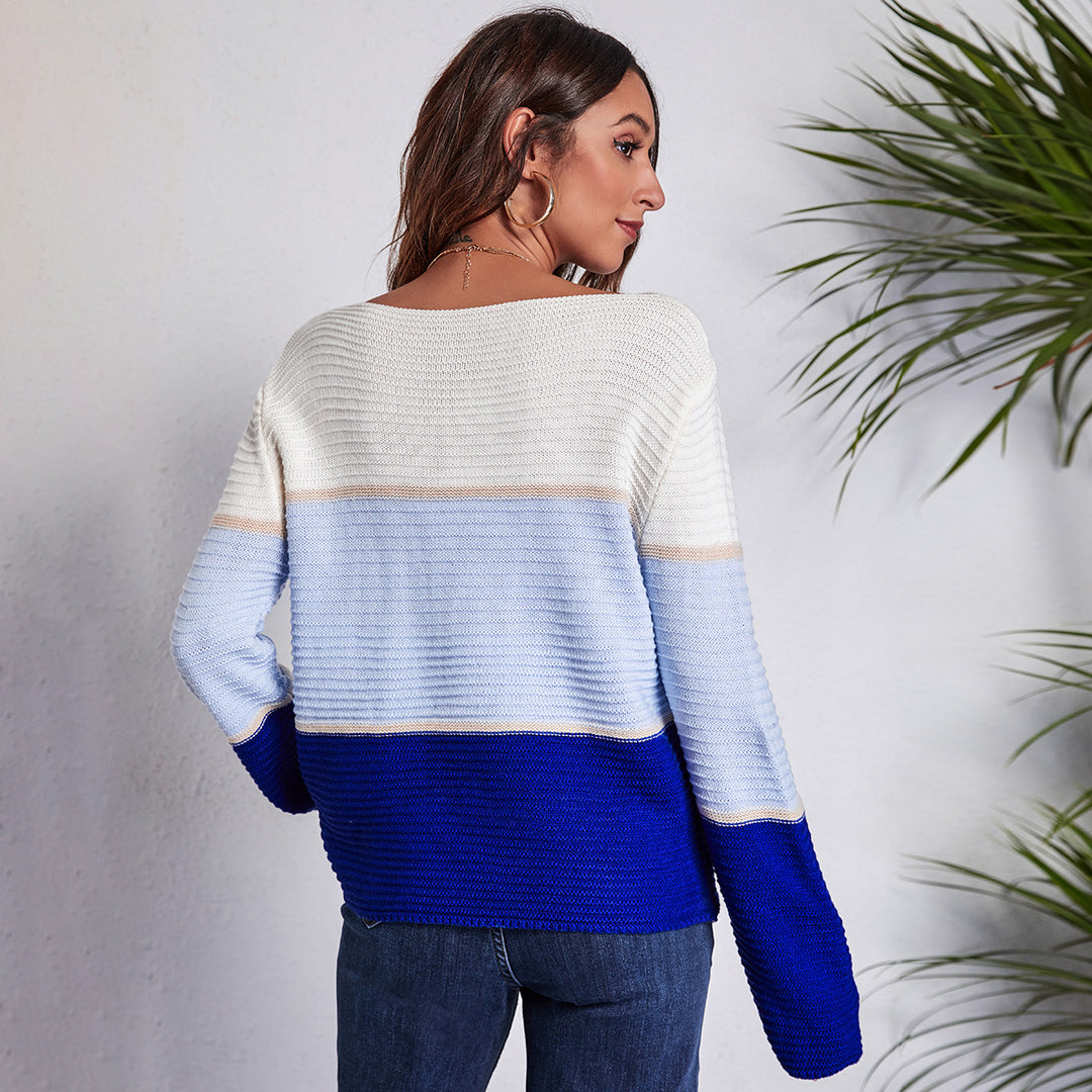 Damen Off-Shoulder Strickpullover mit modernen Farbblock-Design EB