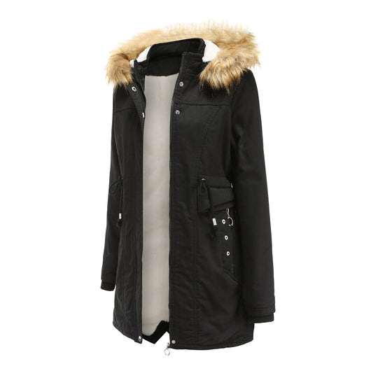Damen moderne Parka mit abnehmbarem Kunstfellkragen und seitlichen Taschen EB