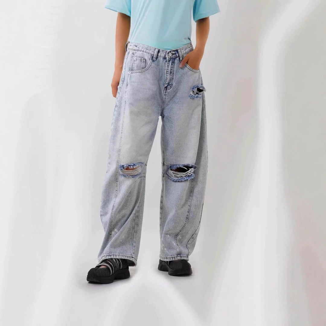 Damen nan Baggy-Jeans mit hohem Bund, sichtbaren Nahtpaneelen und distressed Kniepartien EB