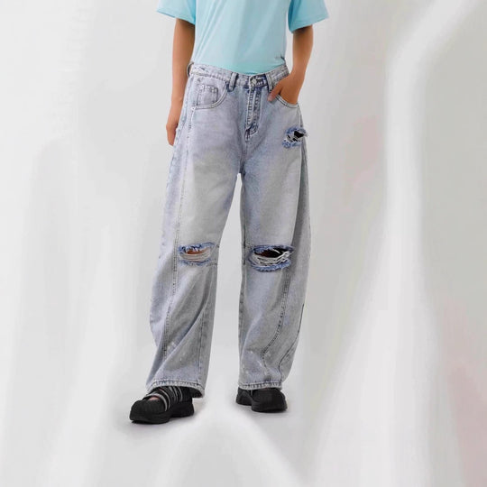 Damen nan Baggy-Jeans mit hohem Bund, sichtbaren Nahtpaneelen und distressed Kniepartien EB
