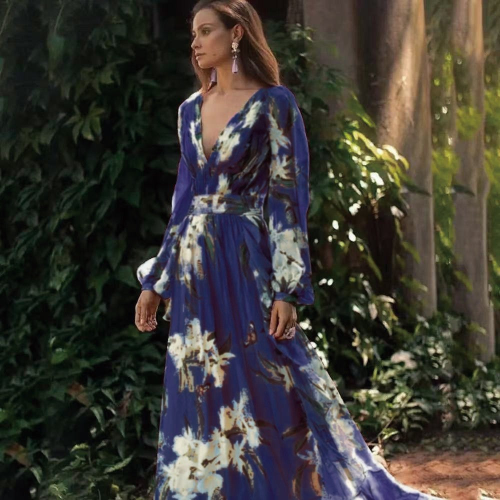 EB | Damen Maxikleid Fließendes V-Ausschnitt