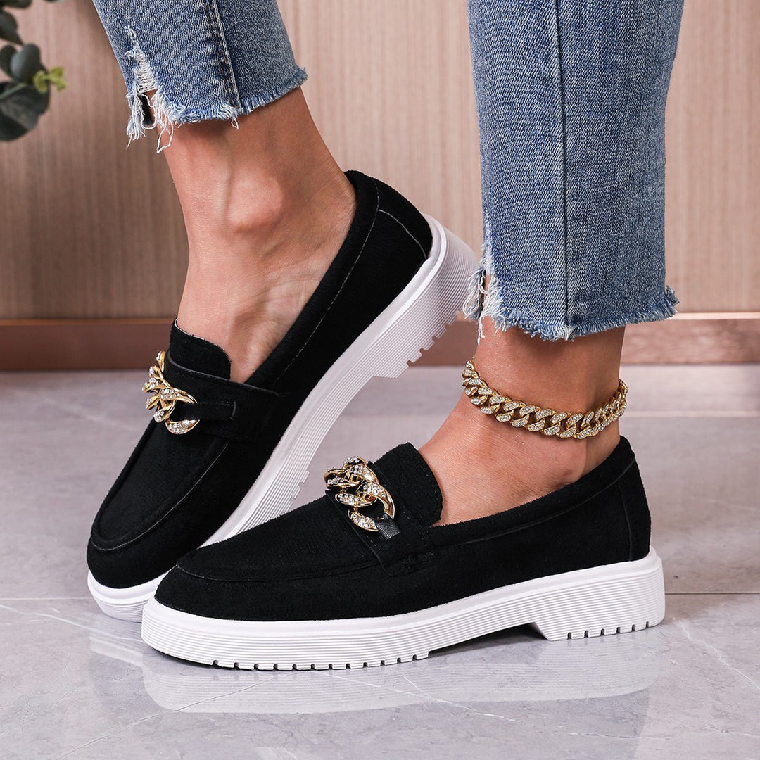 Damen  elegante Slipper mit Plateau-Laufsohle, goldener Schmuckkette und gepolstertem Komfortfußbett EB