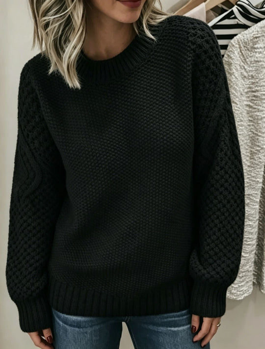 Damen Grobgestrickter Rundhals-Pullover mit Ajour- und Zopfmusterärmeln EB