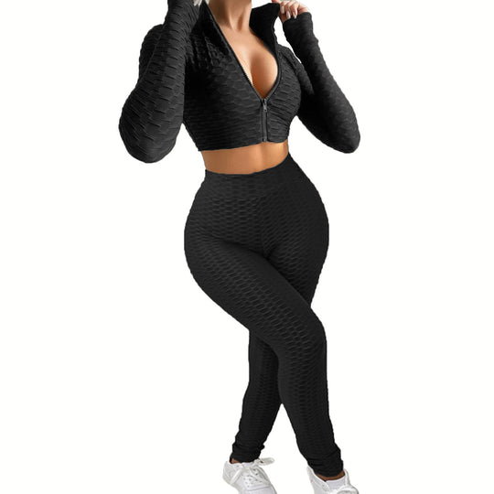 Damen Sportliches Zwei-Teiliges Set mit hochgeschlossenem Reißverschluss und strukturierter Oberfläche EB