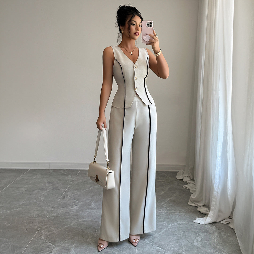 Damen elegante Hose-Anzug mit tailliertem Oberteil und Knopfdetails EB