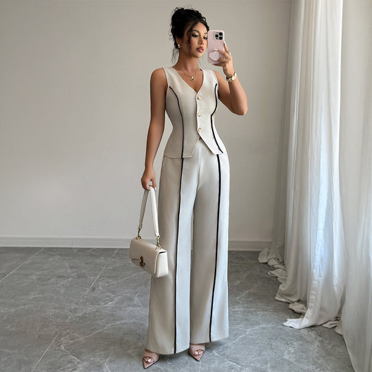 Damen elegante Hose-Anzug mit tailliertem Oberteil und Knopfdetails EB
